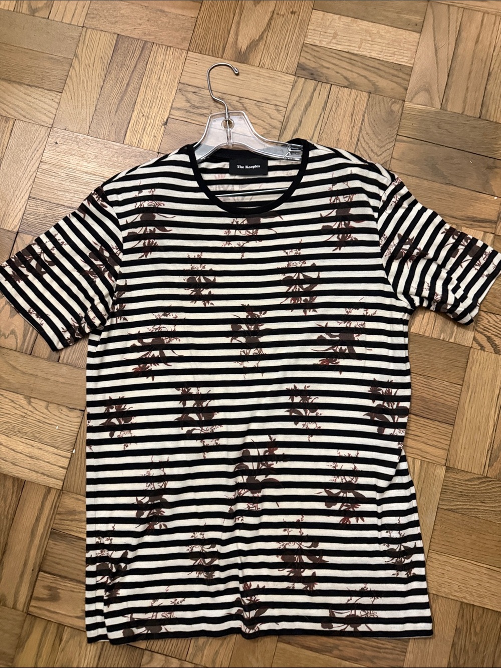 The Kooples Black & White Striped Tee with Brown Floral Motif mens small